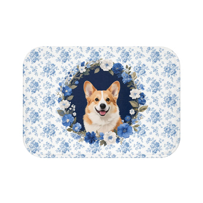 Blue Floral Corgi Bath Mat – Cute Corgi Dog Bathroom Rug