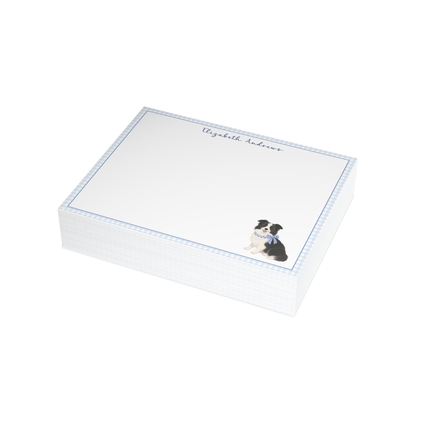 Border Collie Dog Blue Gingham Personalized Notecard Set