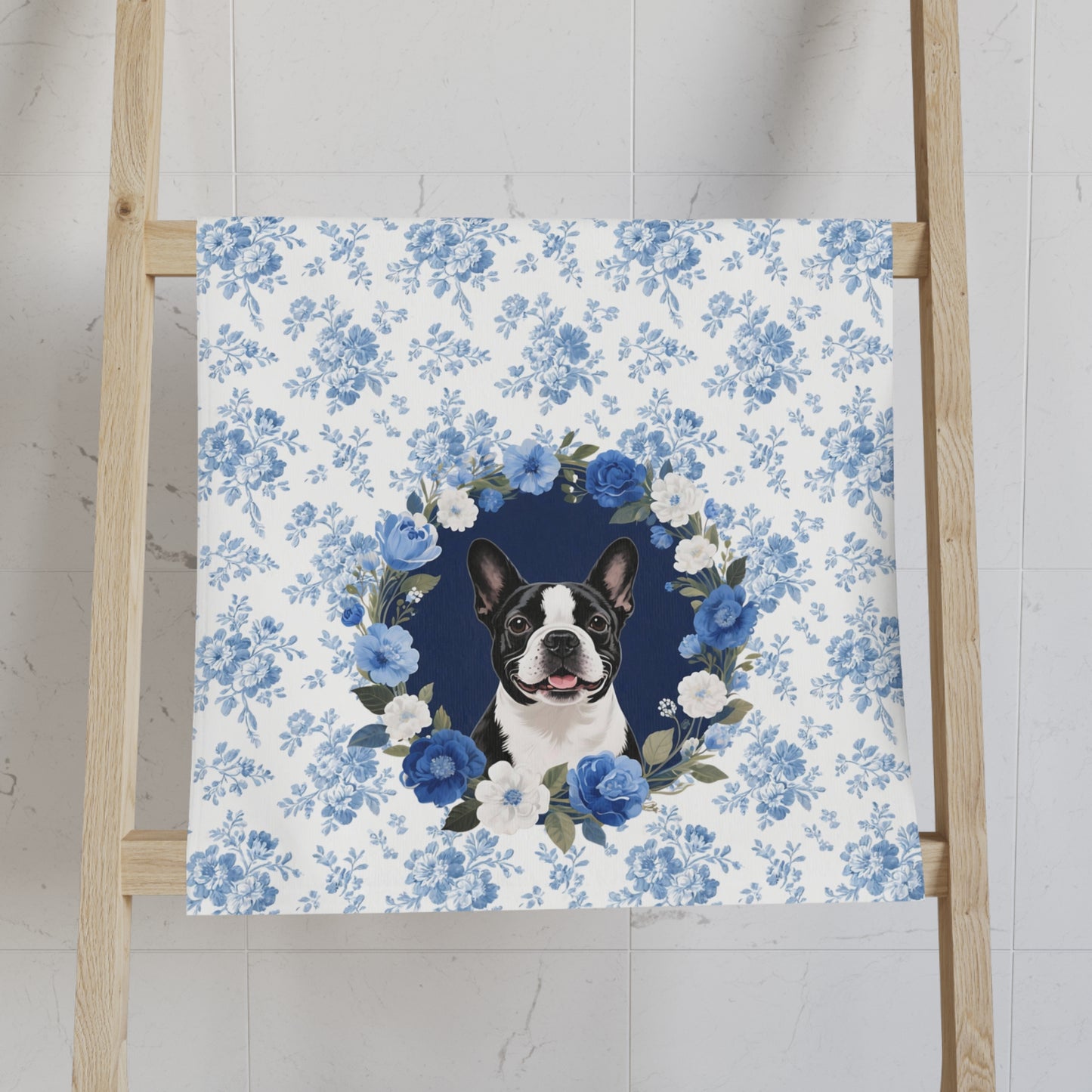 Blue Floral Boston Terrier Dog Portrait Hand Towel – Cute Pet Bathroom Accessory