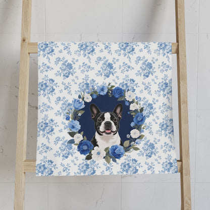 Blue Floral Boston Terrier Dog Portrait Hand Towel – Cute Pet Bathroom Accessory