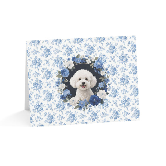 Bichon Frise Dog Blue Floral Greeting Card Set