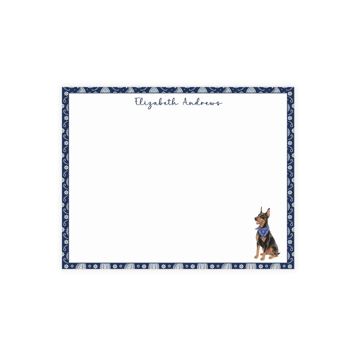 Personalized Doberman Pinscher Navy Blue Paisley Notecard Set