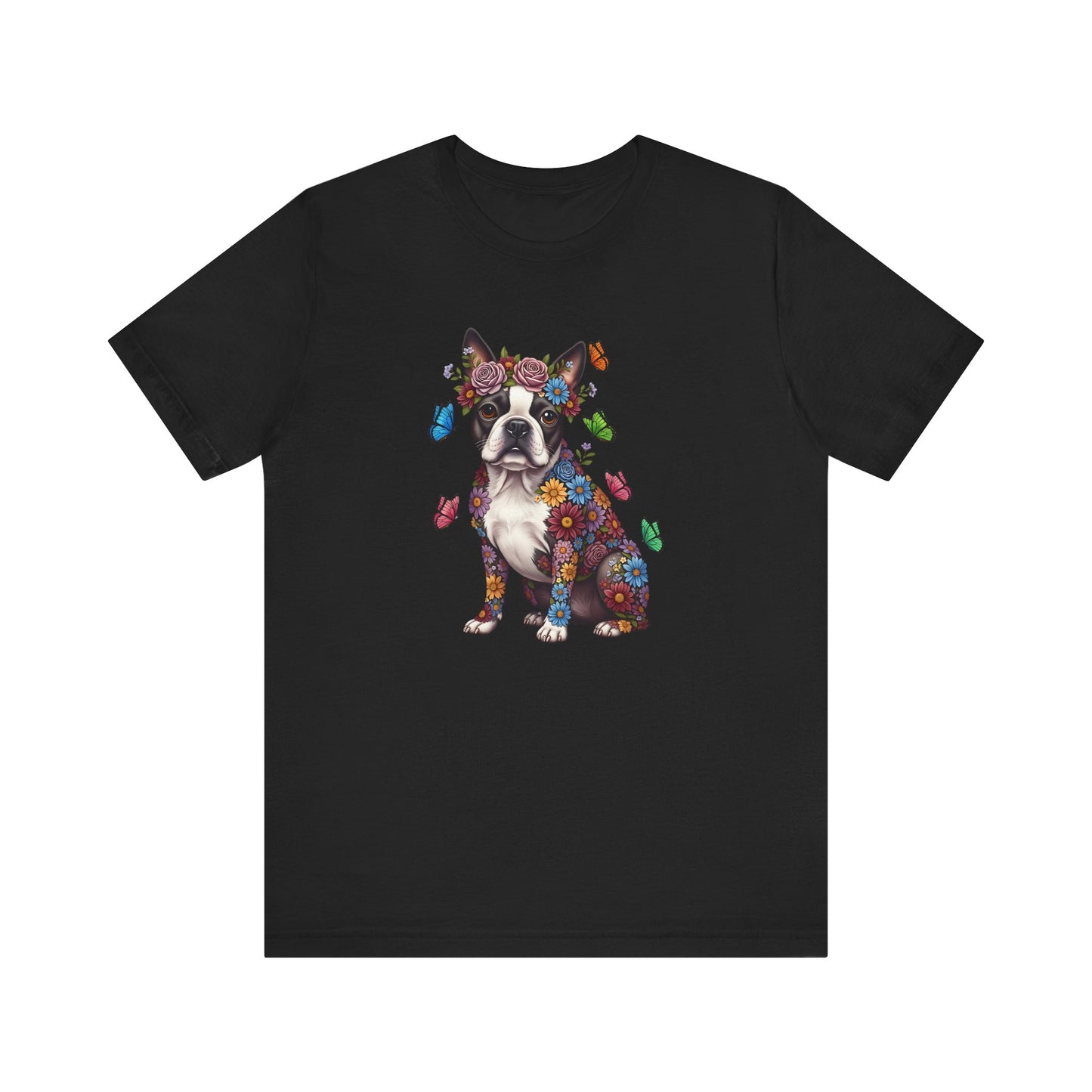 Whimsical Floral Boston Terrier Tee – Colorful Dog Lover Shirt with Butterflies