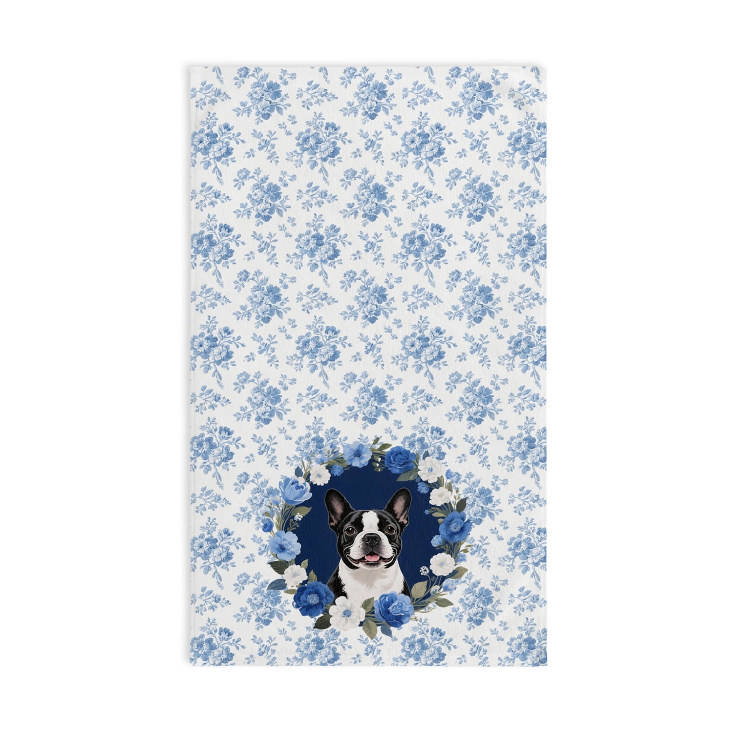 Blue Floral Boston Terrier Dog Portrait Hand Towel – Cute Pet Bathroom Accessory