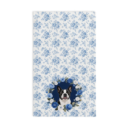 Blue Floral Boston Terrier Dog Portrait Hand Towel – Cute Pet Bathroom Accessory
