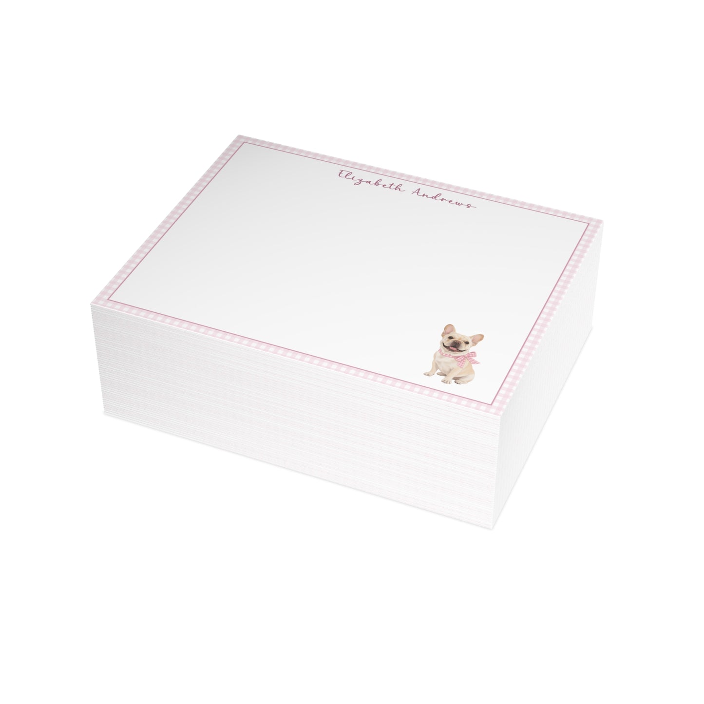 French Bulldog Pink Gingham Personalized Notecard Set