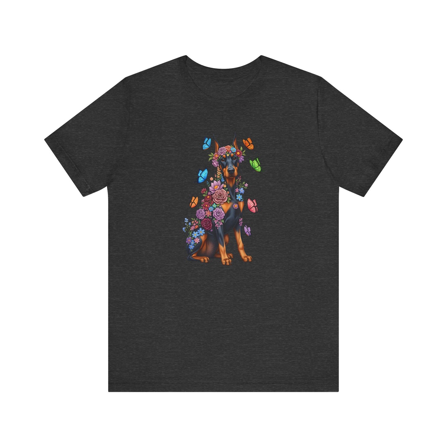 Whimsical Floral Doberman Pinscher Tee – Colorful Dog Lover Shirt with Butterflies