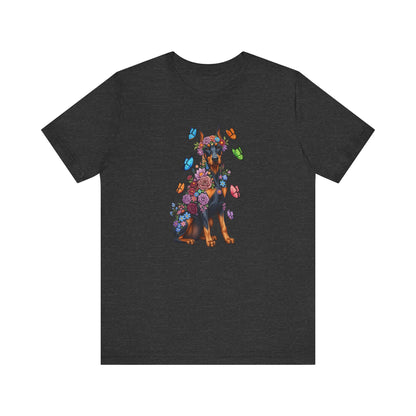 Whimsical Floral Doberman Pinscher Tee – Colorful Dog Lover Shirt with Butterflies