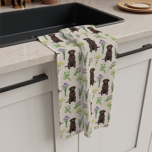 Chocolate Labrador Retriever Dog & Herbs Tea Towel - Floral Dog Kitchen Towel
