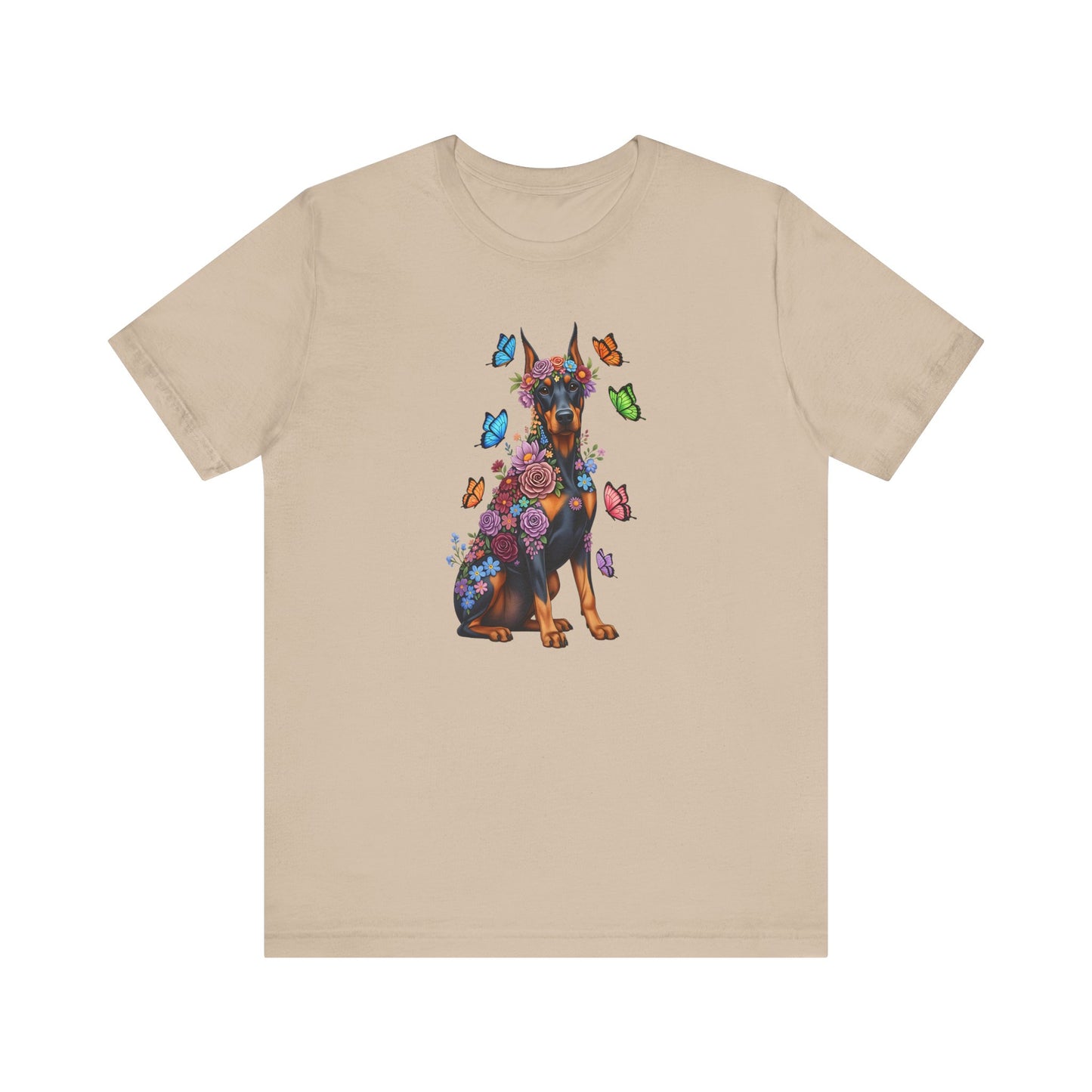 Whimsical Floral Doberman Pinscher Tee – Colorful Dog Lover Shirt with Butterflies