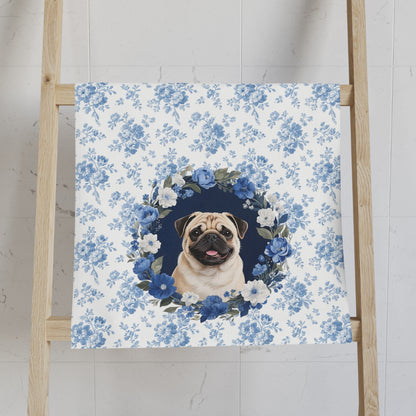 Blue Floral Pug Dog Portrait Hand Towel – Cute Pet Bathroom Accessory