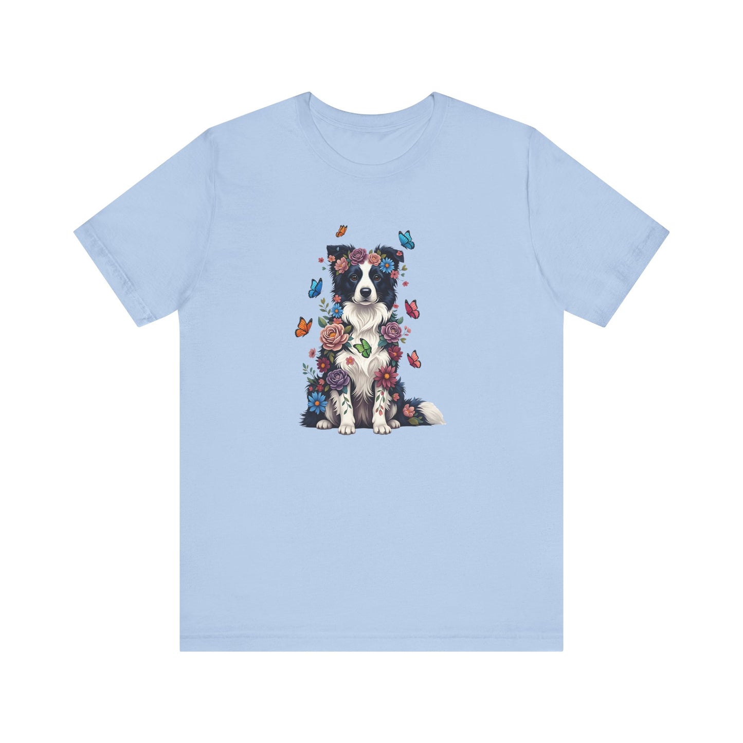 Whimsical Floral Border Collie Tee – Colorful Dog Lover Shirt with Butterflies