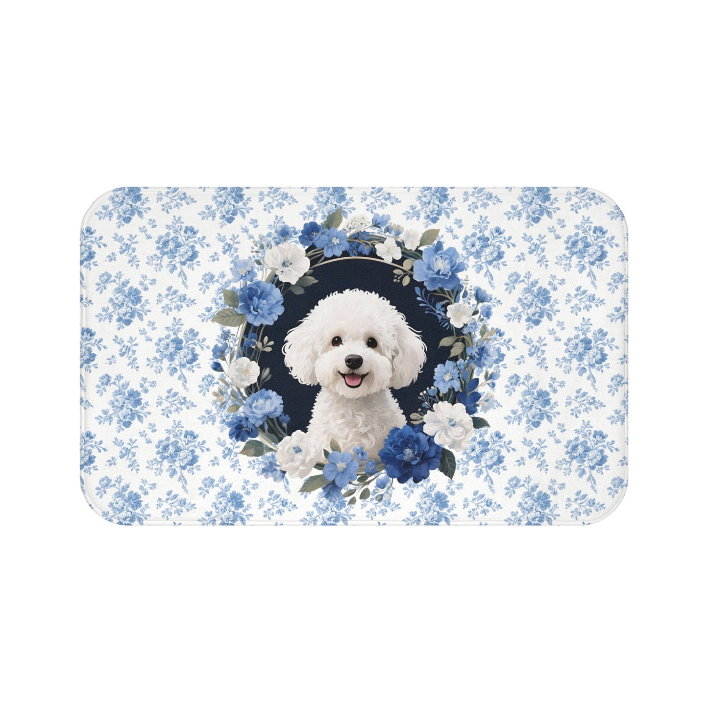 Blue Floral Bichon Bath Mat – Cute Bichon Frise Dog Bathroom Rug