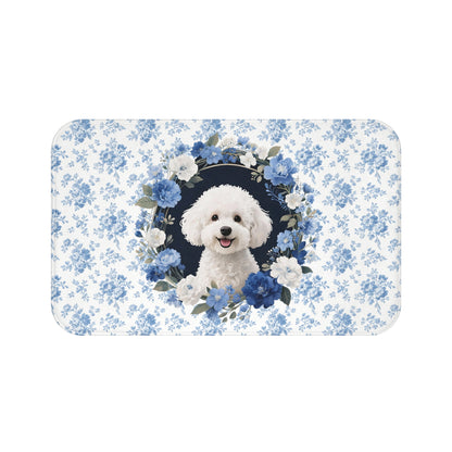 Blue Floral Bichon Bath Mat – Cute Bichon Frise Dog Bathroom Rug