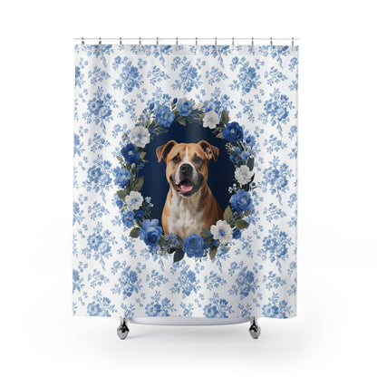 Pitbull Dog Blue Floral Shower Curtain – Dog Portrait Bath Decor