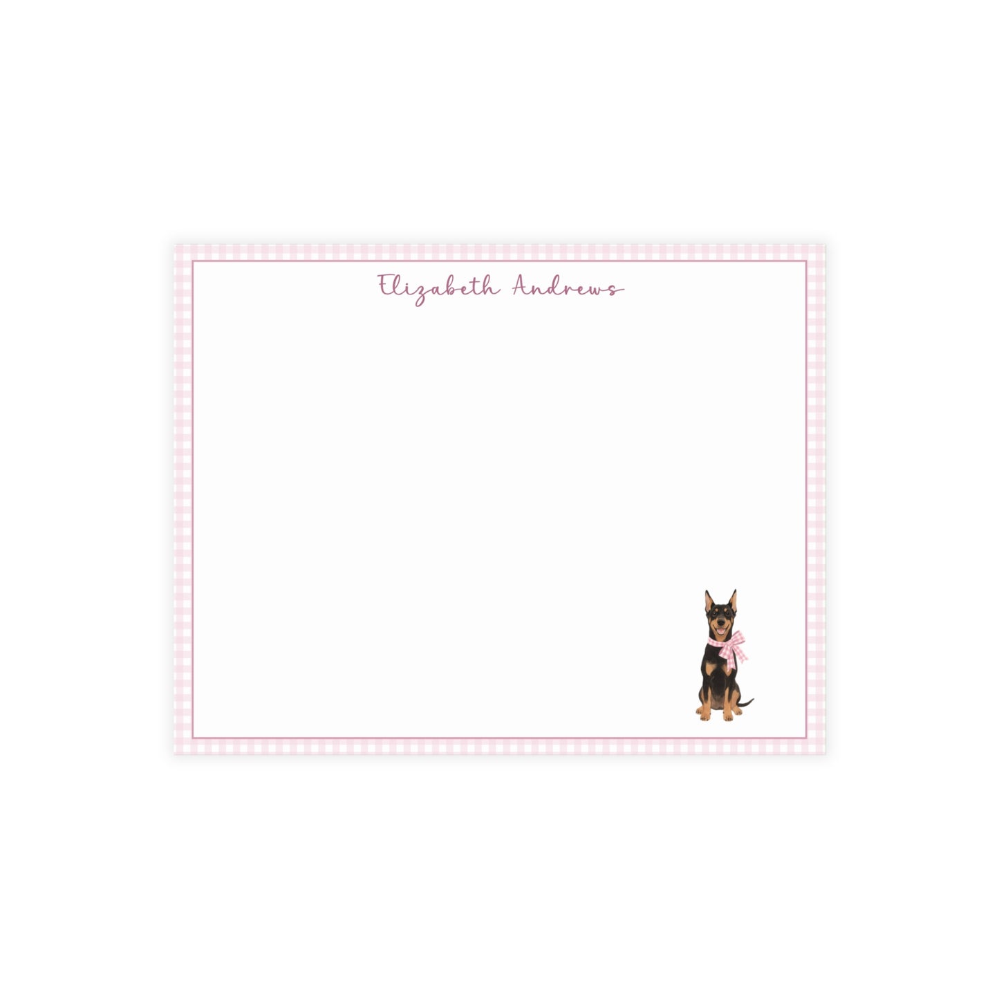 Doberman Pinscher Dog Pink Gingham Personalized Notecard Set