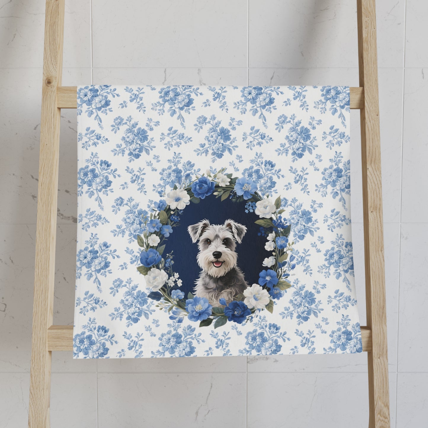 Blue Floral Schnauzer Dog Portrait Hand Towel – Cute Pet Bathroom Accessory