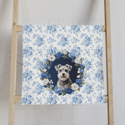 Blue Floral Schnauzer Dog Portrait Hand Towel – Cute Pet Bathroom Accessory