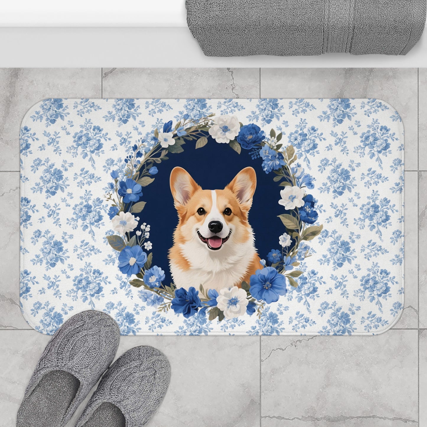 Blue Floral Corgi Bath Mat – Cute Corgi Dog Bathroom Rug