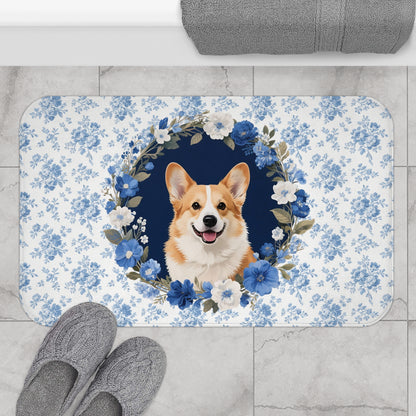 Blue Floral Corgi Bath Mat – Cute Corgi Dog Bathroom Rug
