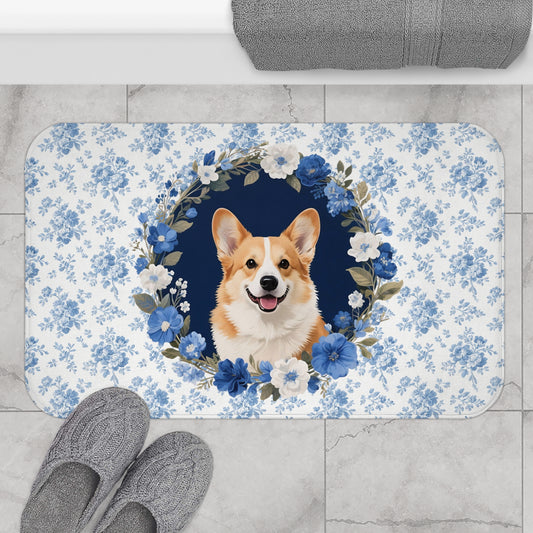 Blue Floral Corgi Bath Mat – Cute Corgi Dog Bathroom Rug