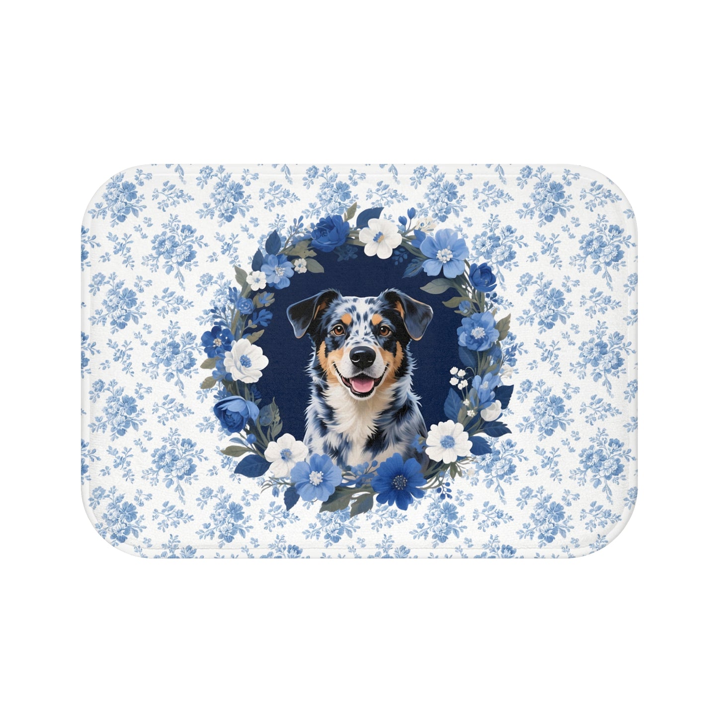 Blue Floral Heeler Bath Mat – Cute Australian Cattle Dog Bathroom Rug