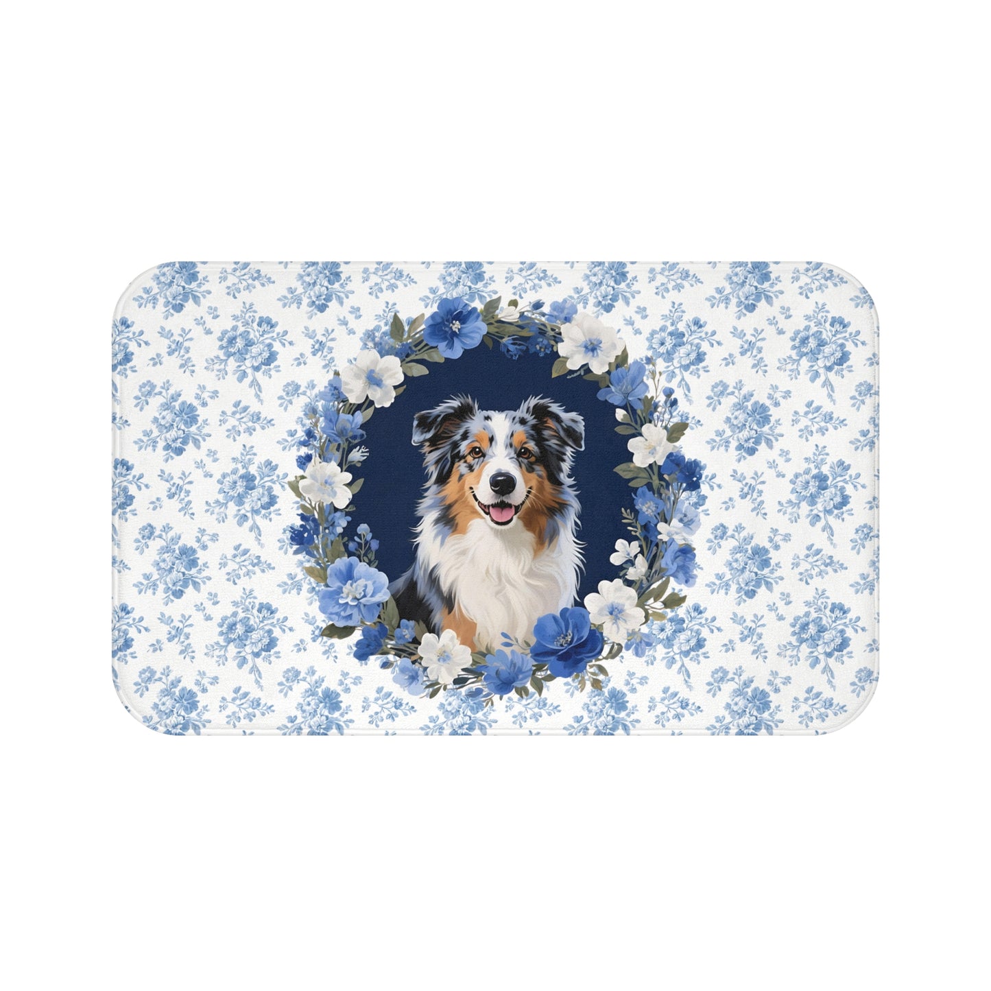 Blue Floral Aussie Bath Mat – Cute Australian Shepherd Dog Bathroom Rug