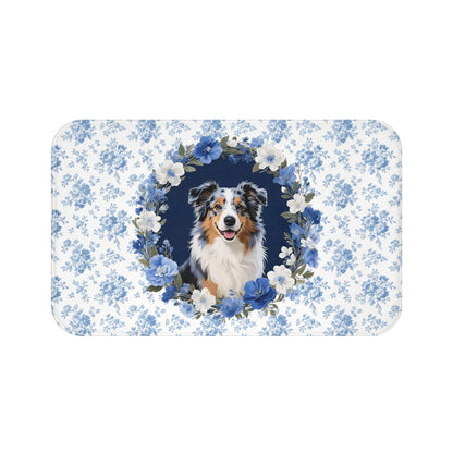 Blue Floral Aussie Bath Mat – Cute Australian Shepherd Dog Bathroom Rug