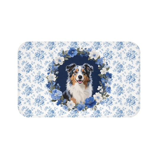 Blue Floral Aussie Bath Mat – Cute Australian Shepherd Dog Bathroom Rug