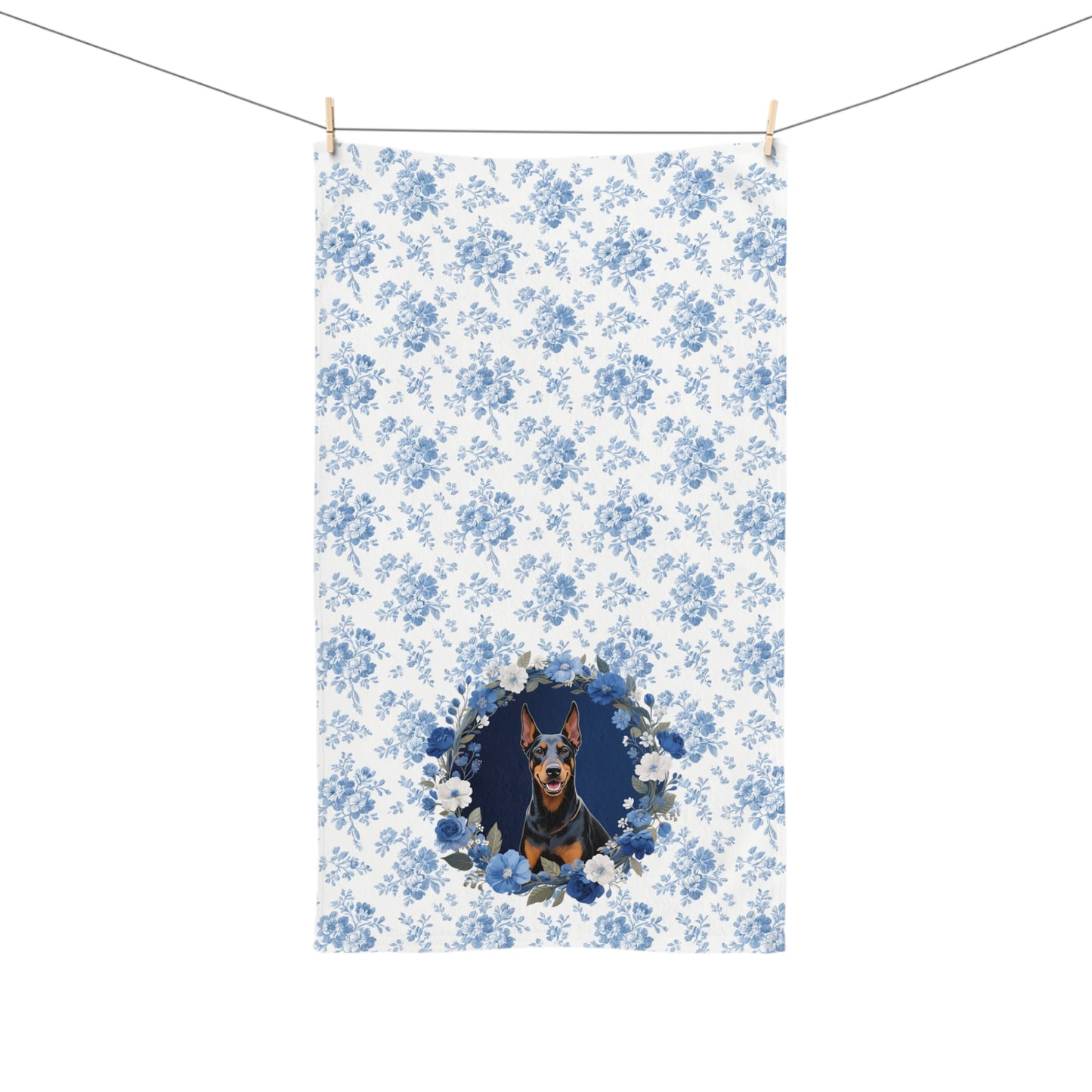 Blue Floral Doberman Pinscher Dog Portrait Hand Towel – Cute Pet Bathroom Accessory