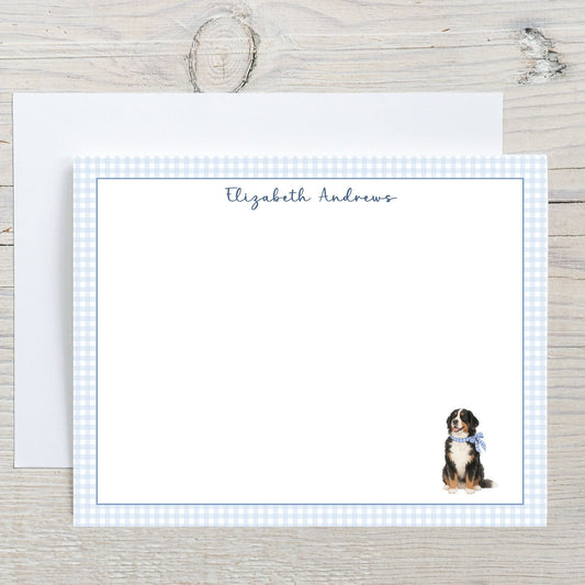 Bernese Mountain Dog Blue Gingham Personalized Notecard Set