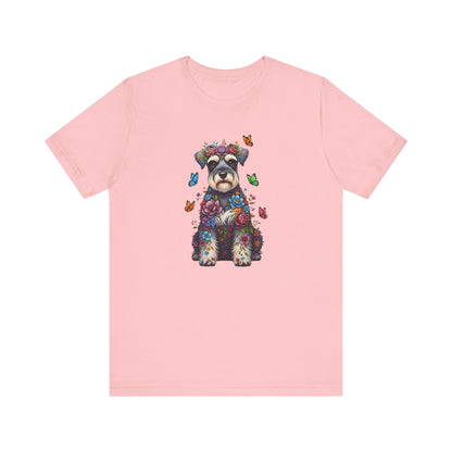 Whimsical Floral Schnauzer Tee – Colorful Dog Lover Shirt with Butterflies