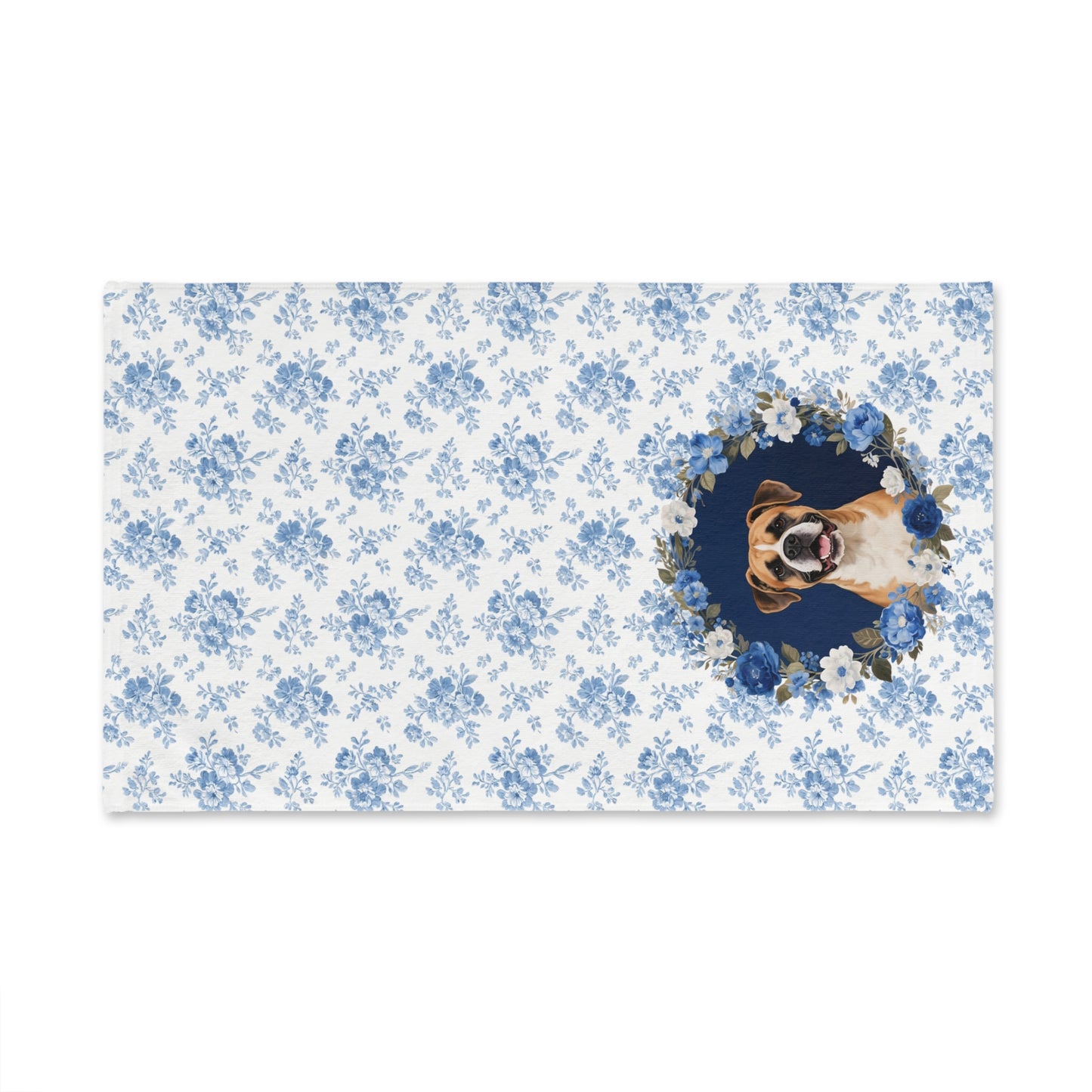Blue Floral Boxer Dog Portrait Hand Towel – Cute Pet Bathroom Accessory