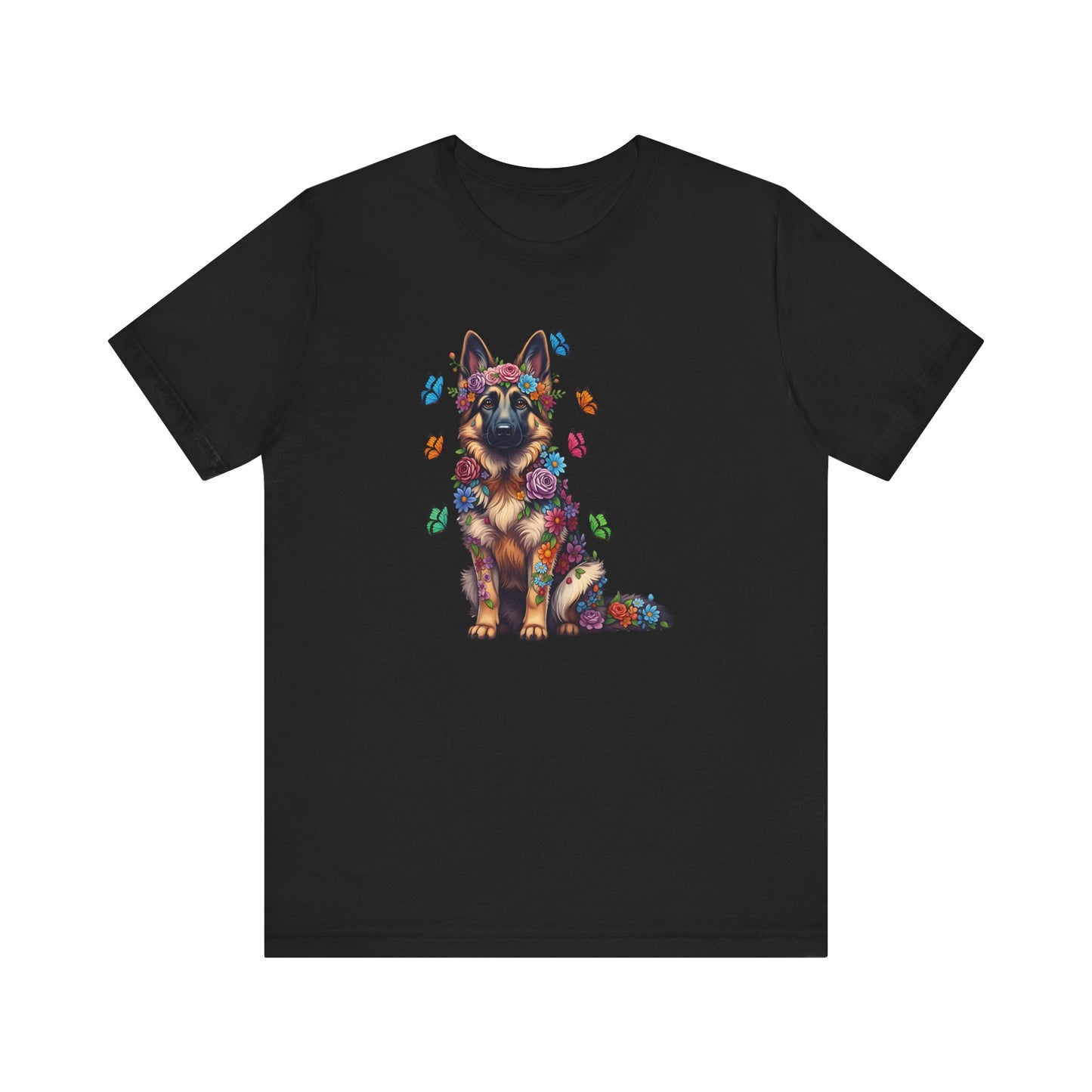Whimsical Floral German Shepherd Tee – Colorful Dog Lover Shirt with Butterflies