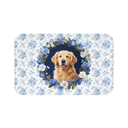 Blue Floral Golden Bath Mat – Cute Golden Retriever Dog Bathroom Rug