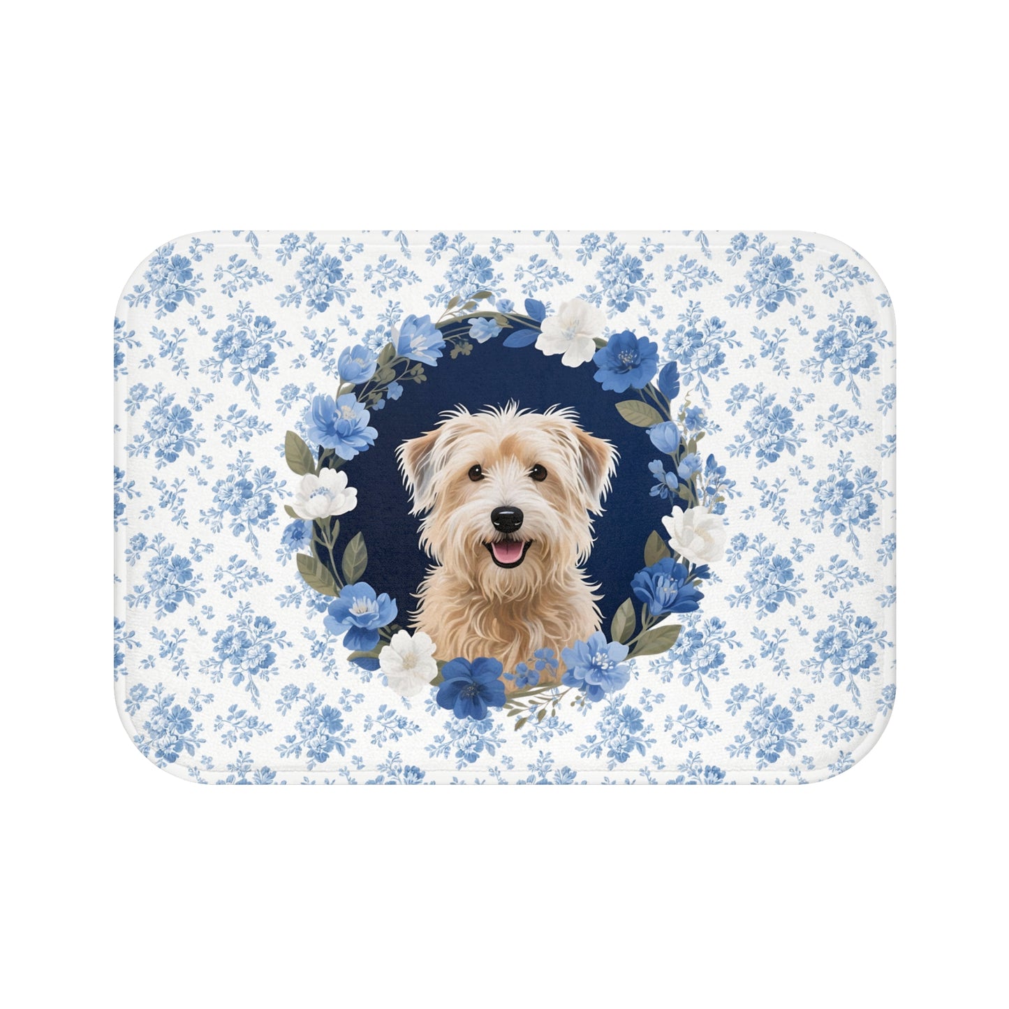 Blue Floral Wheaten Bath Mat – Cute Wheaten Terrier Dog Bathroom Rug