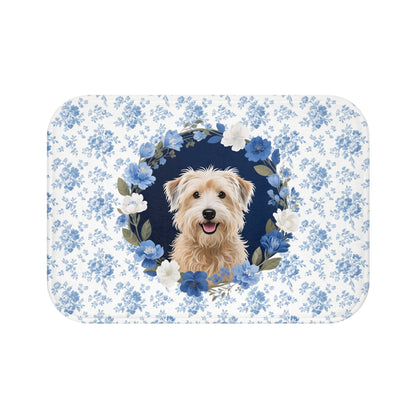 Blue Floral Wheaten Bath Mat – Cute Wheaten Terrier Dog Bathroom Rug