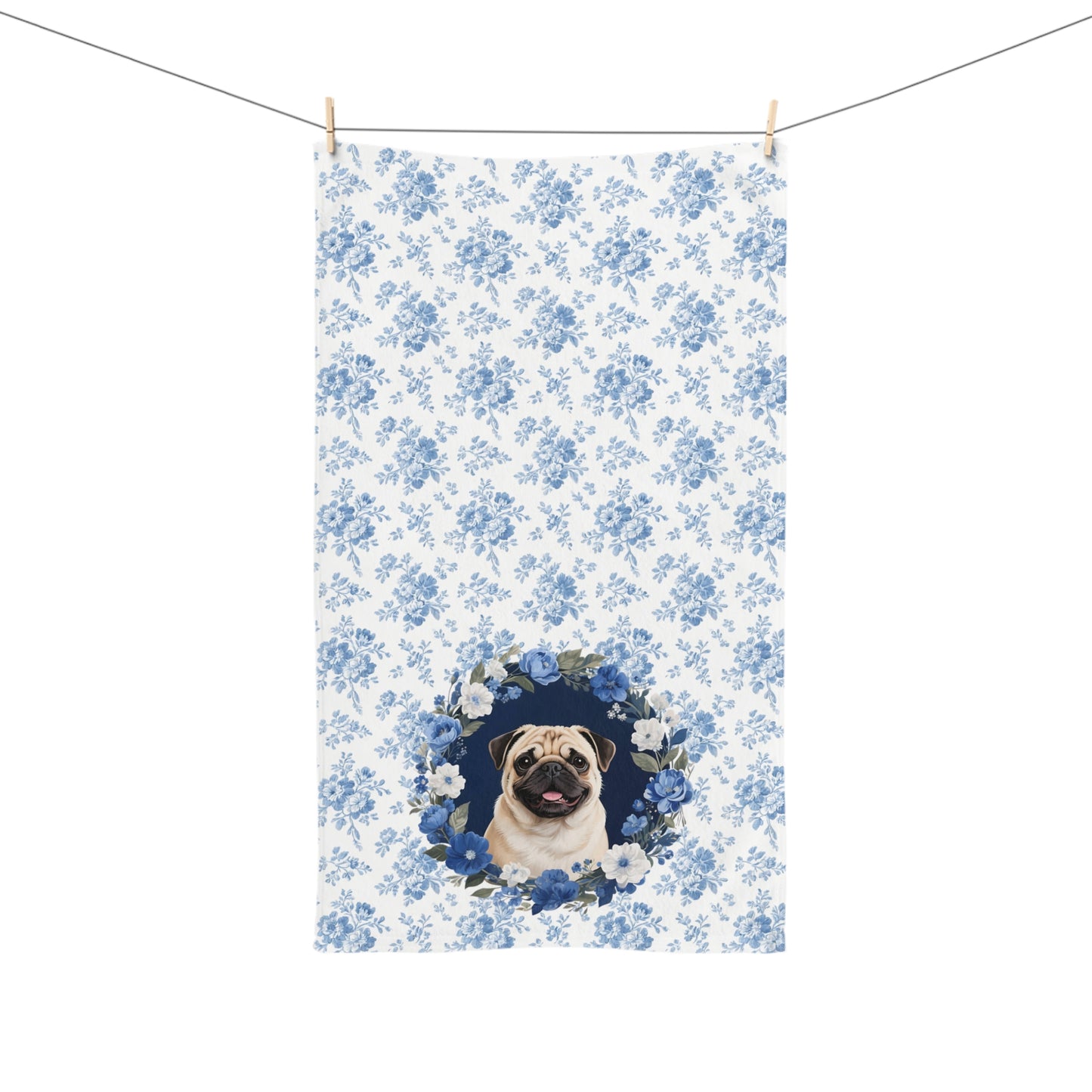 Blue Floral Pug Dog Portrait Hand Towel – Cute Pet Bathroom Accessory