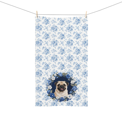 Blue Floral Pug Dog Portrait Hand Towel – Cute Pet Bathroom Accessory
