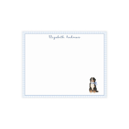 Bernese Mountain Dog Blue Gingham Personalized Notecard Set
