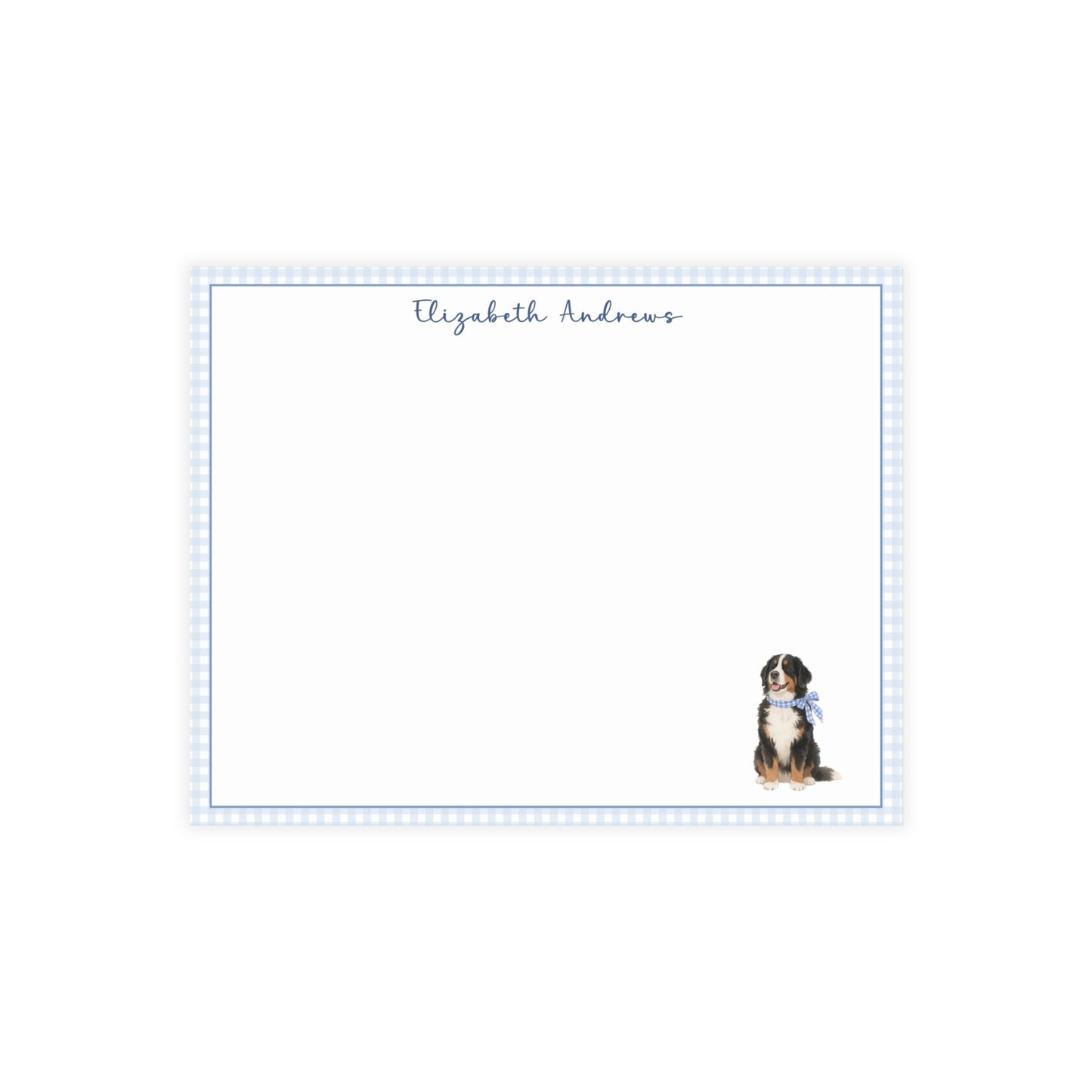 Bernese Mountain Dog Blue Gingham Personalized Notecard Set