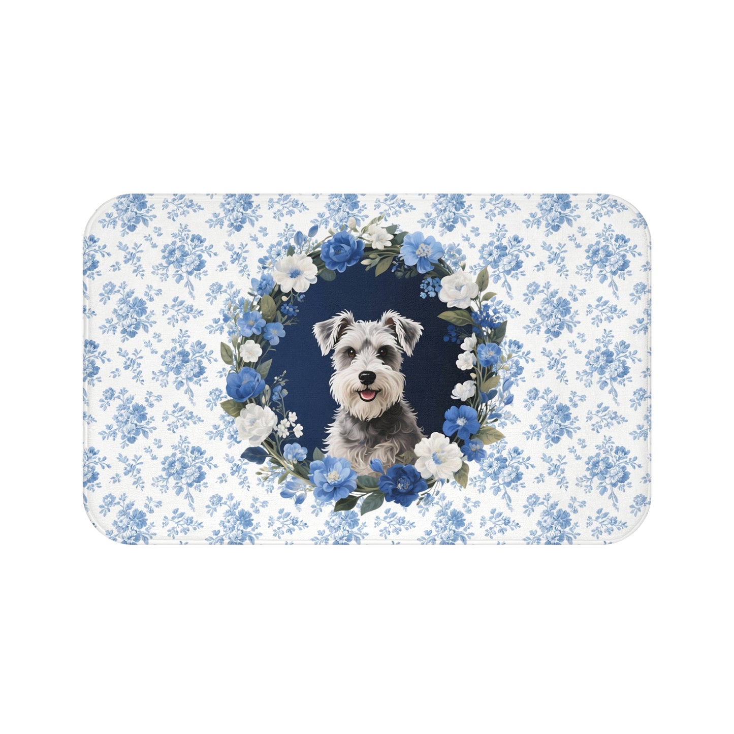Blue Floral Schnauzer Bath Mat – Cute Schnauzer Dog Bathroom Rug