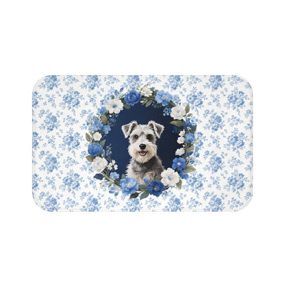 Blue Floral Schnauzer Bath Mat – Cute Schnauzer Dog Bathroom Rug