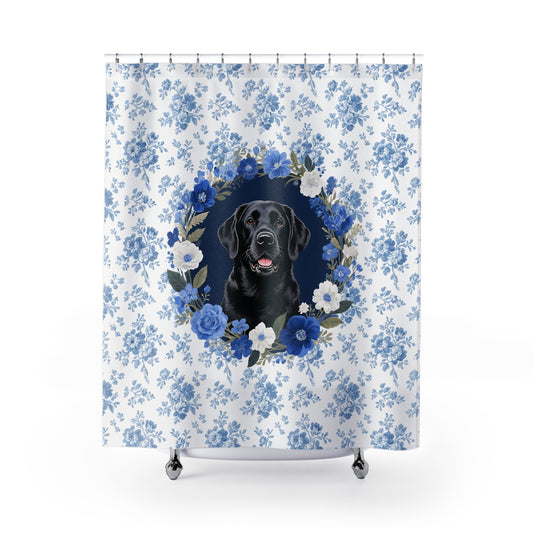 Black Labrador Retriever Dog Blue Floral Shower Curtain – Dog Portrait Bath Decor