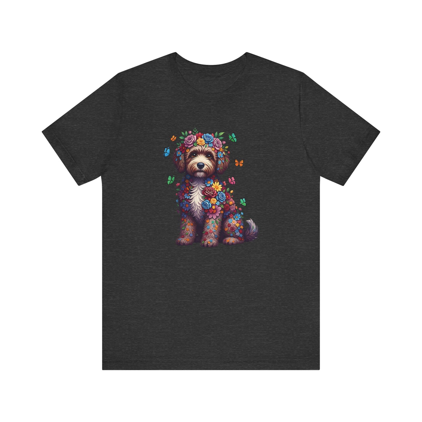 Whimsical Floral Portuguese Water Dog Tee – Colorful Dog Lover Shirt with Butterflies