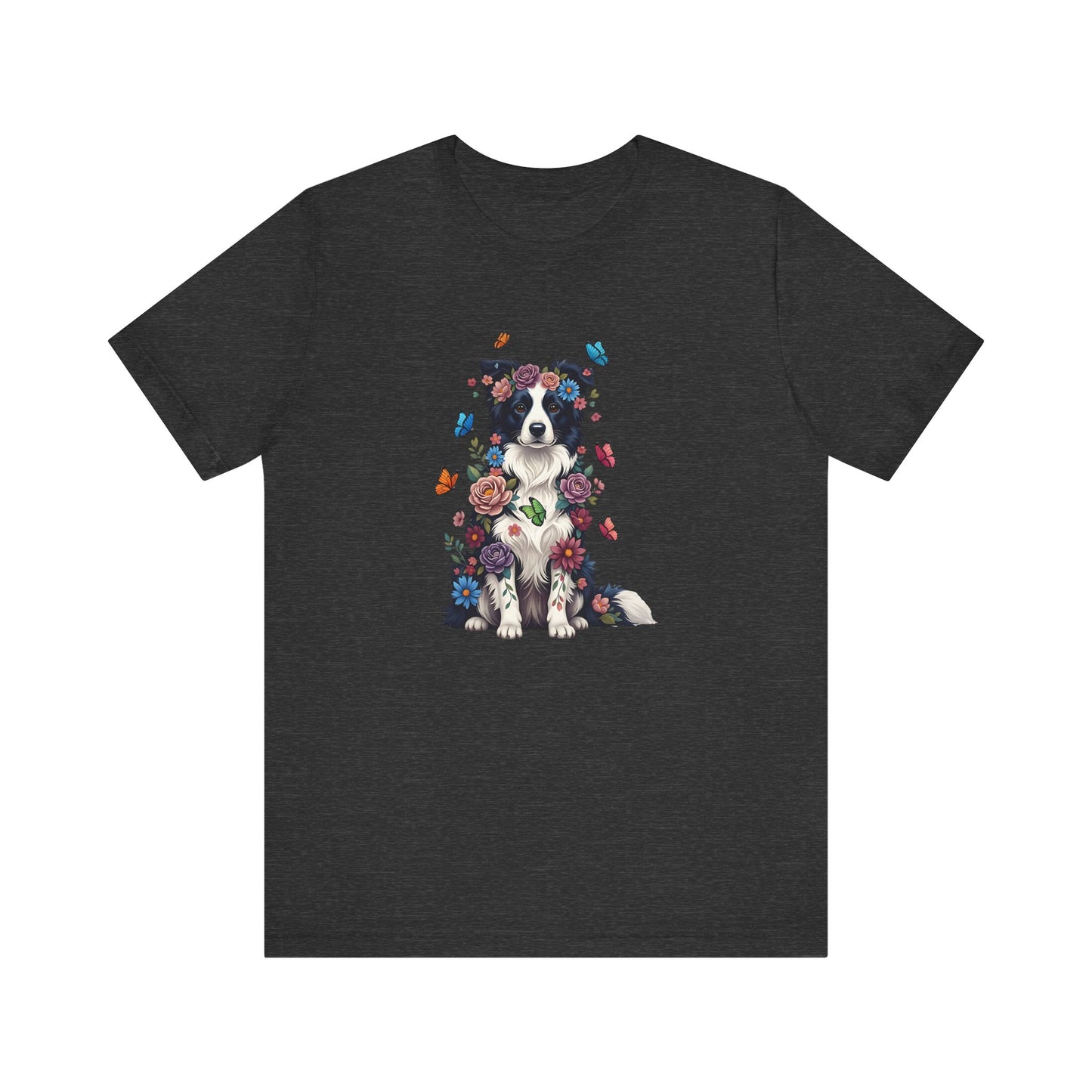 Whimsical Floral Border Collie Tee – Colorful Dog Lover Shirt with Butterflies