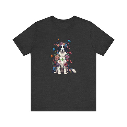 Whimsical Floral Border Collie Tee – Colorful Dog Lover Shirt with Butterflies