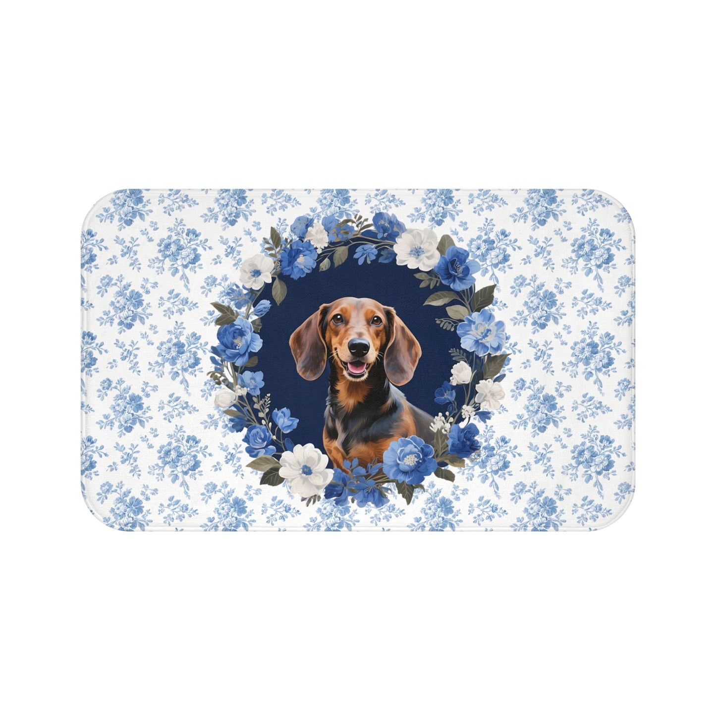 Blue Floral Doxie Bath Mat – Cute Dachshund Dog Bathroom Rug