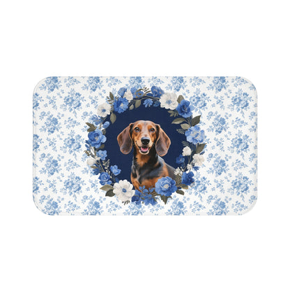 Blue Floral Doxie Bath Mat – Cute Dachshund Dog Bathroom Rug