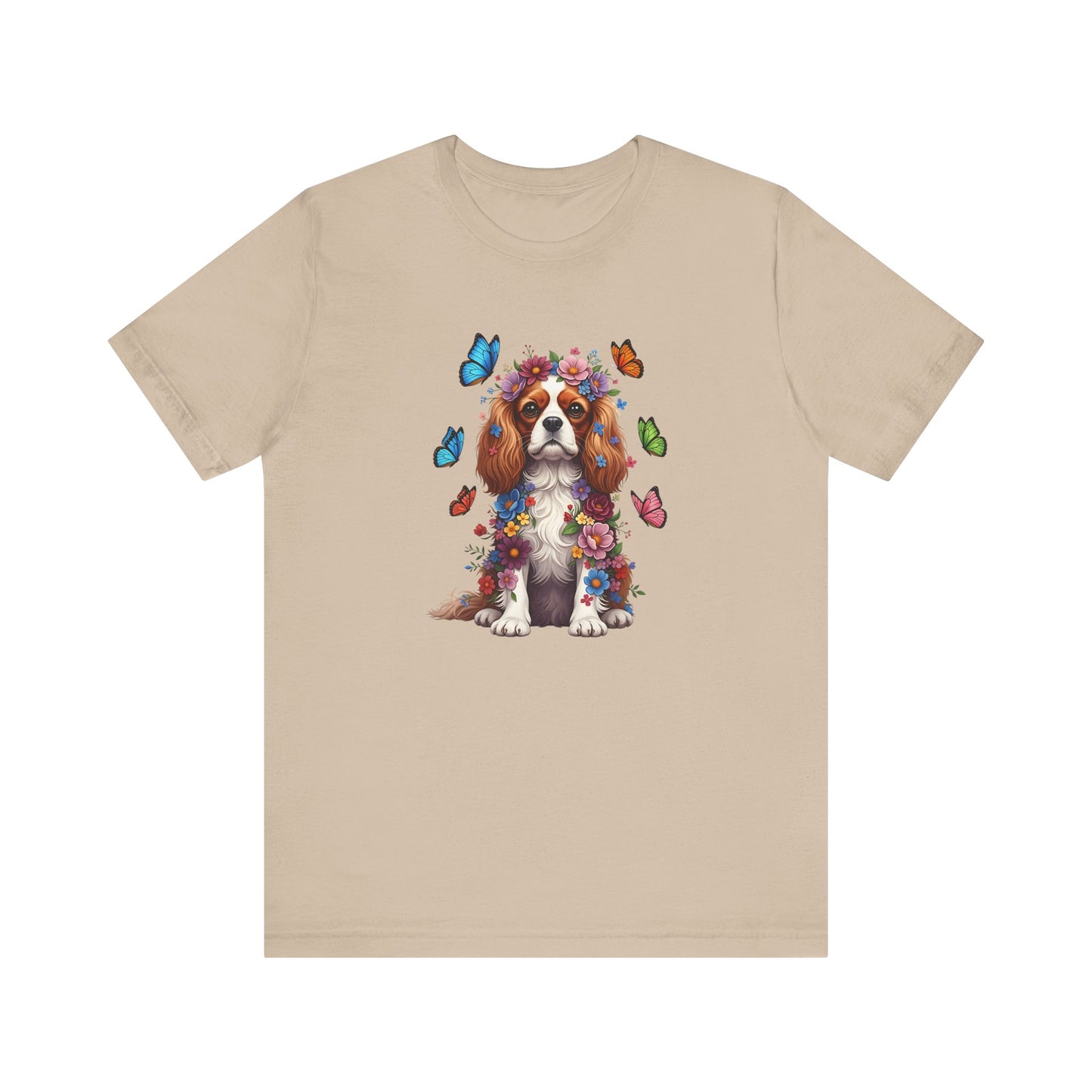 Whimsical Floral Cavalier King Charles Spaniel Tee – Colorful Dog Lover Shirt with Butterflies